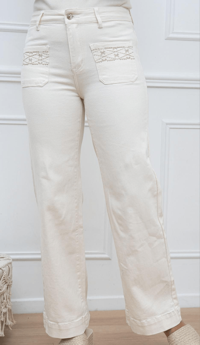 Jean wide leg crème poches brodées