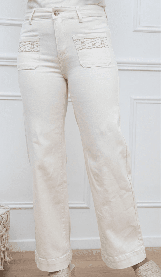 Jean wide leg crème poches brodées